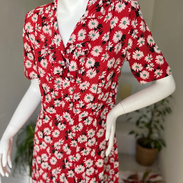Bright Red and White Daisy Print Dress Ruffles Early 1940s 38 Bust Vintage 