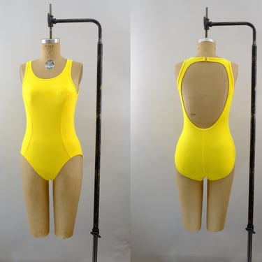 Vintage 90s Yellow Swimsuit – Body I.D. by Baltex – Size 14 Long – Textured One Piece Bathing Suit – Made in Canada 