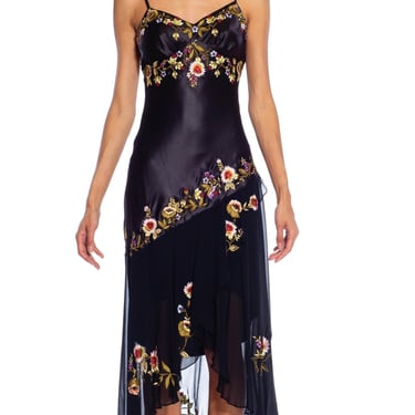 1990S Black Floral Silk Chiffon Beaded 1920S Style Dress 