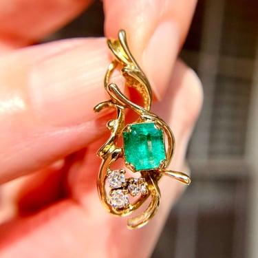 Vintage 14K Gold Freeform Emerald & Diamond Pendant, 3.6g Estate Custom Made 