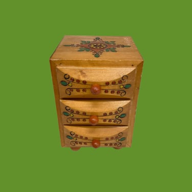 Vintage Jewelry Box Retro 1970s Hand Carved + Wood + Hand Painted + Set of 3 Drawers + Bohemian + Storage and Organization + Vanity Decor 