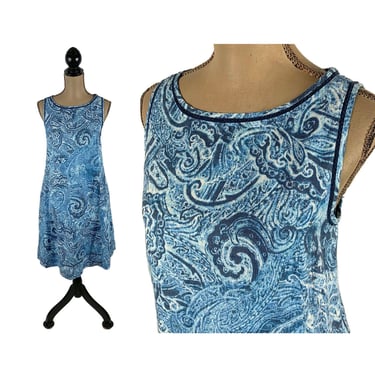 Y2K Blue Print Linen Dress, Midi A Line Sleeveless Shift, Loose Summer Modest Sun Sundress with Pockets, 2000s Clothes Women Vintage J JILL 