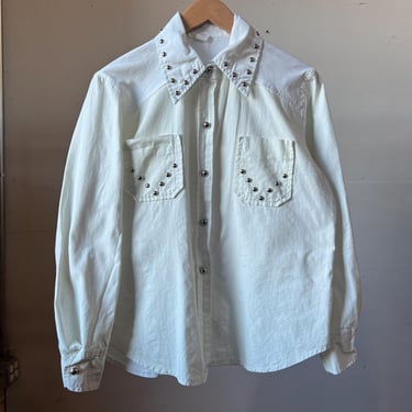 Small Med, Vintage 1970s Star Studded White Button Down Shirt, Rock n Roll, N 