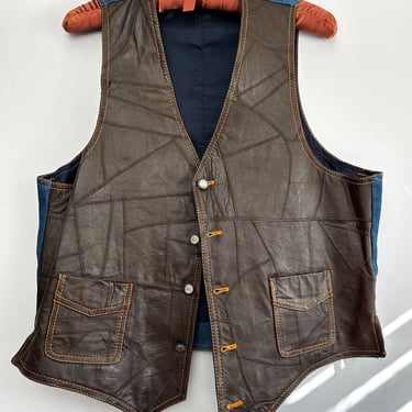 60s Brown LEATHER & DENIM Blue Jean Men's Vintage Suit Vest 1970's 1960's Hippie Patchwork 