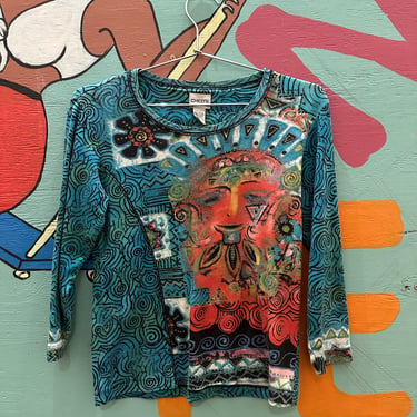 1990s y2k all over printed cotton 3/4 sleeve Shirt / Scoop Neck / Turquoise / Spirals / Euro / Chicos / Floral / Face / Novelty / Patchwork 