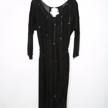 Vintage Black Suede Western Cowgirl Fringe Midi Dress Suede Dress Lillie Rubin Southwest Festival Coachella Stagecoach 