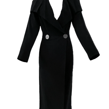 30s Black Plush Pile Velvet Wrap Coat Dress with Killer Mirror Buttons