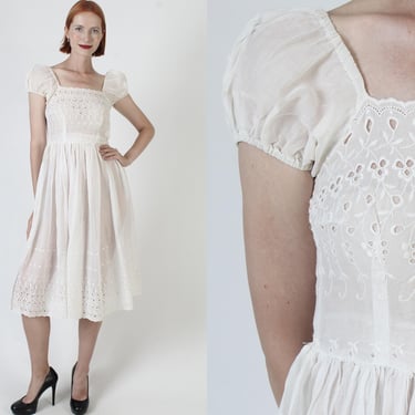 1900s Inspired Edwardian Eyelet Dress, Vintage 40s Metal Side Zipper Gown, Old Fashion Victorian Tea Gown 