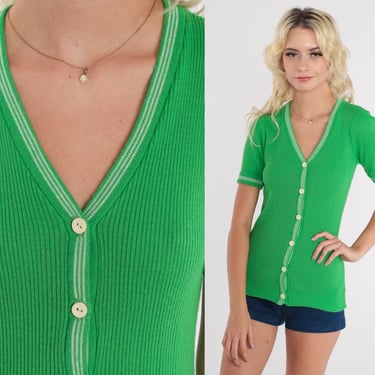 Green Knit Top 70s Short Sleeve Cardigan Shirt Button Up Sweater Retro Ribbed Ringer Top Basic Blouse V Neck Knitwear Vintage 1970s Small xs 
