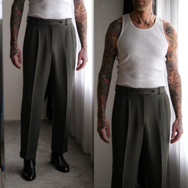 Vintage 90s Giorgio Armani Le Collezioni Olive Green Gabardine Cuffed Slacks | Made in Italy | 100% Wool | 1990s Armani Designer Mens Pants 