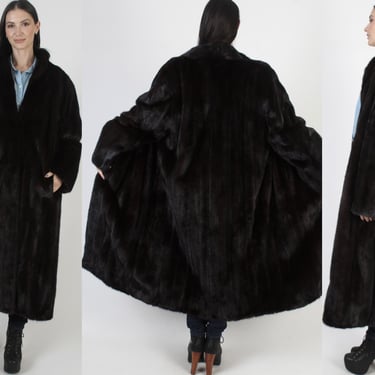 Full Length Mahogany Mink Coat, Espresso Real Fur Jacket, Womens Plus Size Overcoat, Size XL 