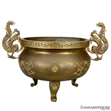 Vintage Large Chinese Brass Dragon Motif Planter Jardiniere