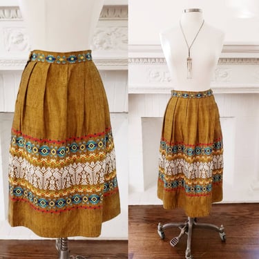 1940s 1950s Summer Skirt Floral Embroidery Mustard Yellow / 40s 50s High Waisted Midi Skirt Boho Peasant Ethnic Folk / Med / Colombe 
