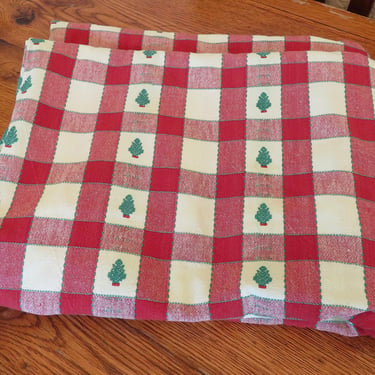 Vintage Red and White Checkered Cotton Linen Christmas Tablecloth Green Trees Embroidered Farmhouse 