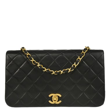 Chanel 1989-1991 Black Lambskin Turnlock Small Full Flap Shoulder Bag