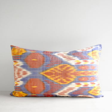 Vintage Silk Ikat Throw Pillow Cover in Blue, Yellow, Red, and White 