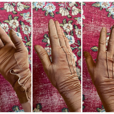 Authentic antique silk gloves in toffee, Edwardian gloves | ladies caramel silk gloves, S/M wearable size @7 -7.5 