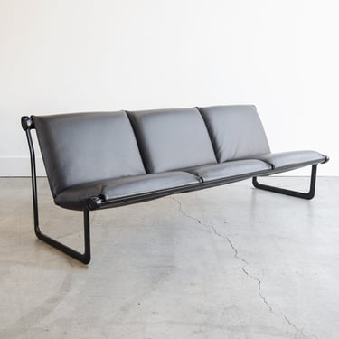 Vintage Knoll Aluminum Sling 3 Seat Sofa by Bruce Hannah and Andrew Morrison in Gorgeous Dark Brown Leather Circa 1970 