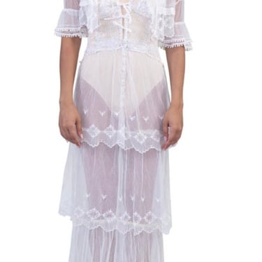 Morphew Atelier White Backless Organic Cotton Embroidered Tulle Victorian Lace Dress With Jacket 