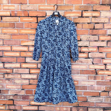 vintage 50s/60s blue floral nylon pleated day dress / l large 