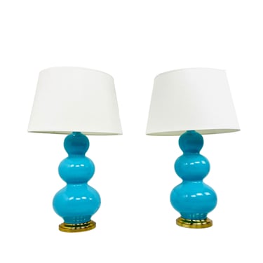#1455 Pair of Turquoise Triple Gourd Ceramic Table Lamps