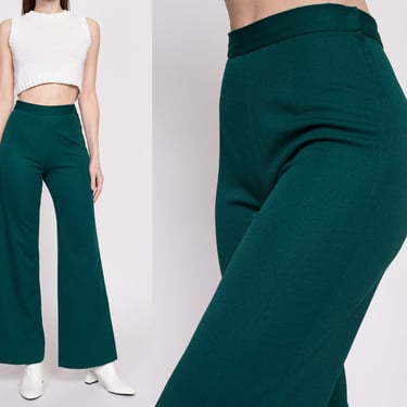 70s Emerald Green Flared Side Zip Pants - Extra Small, 25" | Vintage High Waisted Boho Polyester Trousers 