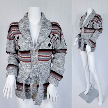 1970's Grey Aztec Print Woven Acrylic Cardigan Belted Wrap Sweater I Sz Med I Sigallo 