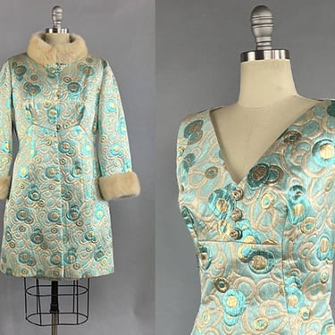 1960s Brocade Dress Set / Blue Metallic Lamé Brocade Dress & Coat Set with Mink Collar / Size Small Medium 