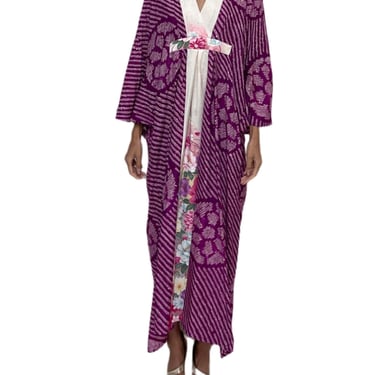 Morphew Collection Purple  Cream Floral Japanese Kimono Silk Hand Dyed Shibori Kaftan 