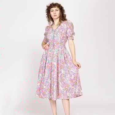 80s Laura Ashley Floral Fit & Flare Midi Dress - Small | Vintage Pink Blue Puff Sleeve Retro Cotton Sundress 