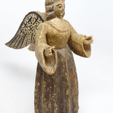 Antique Angel with Wings,  Hand Carved & Hand Painted, Vintage Mexican Santos Religious Folk Art 