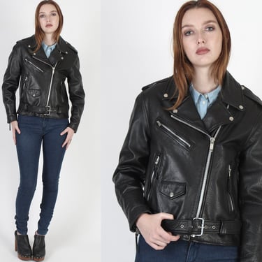 Black Leather Motorcycle Jacket / Cropped Asym Zipper / Vintage Unisex Belted Relaxed Fit Biker Jacket / Short Moto Punk Coat 
