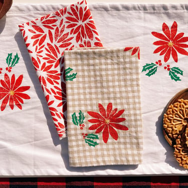 poinsettias on gingham. block printed linen napkins / placemats / tea towels. boho christmas party. holiday decor. winter. 