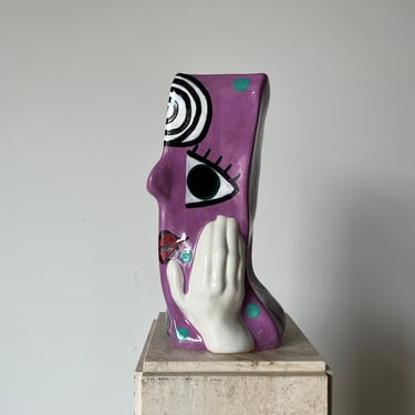 80's Modernist Hand Painted Art Ceramic Vase , Signed 