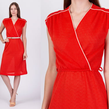 70s Red Knit Mini Dress - Small | Vintage Semi Sheer Cap Sleeve Retro Knee Length Sundress 