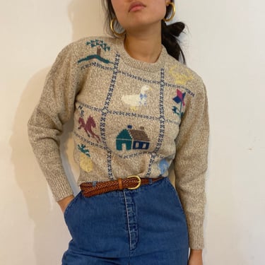 80s sampler wool sweater / vintage gray rag wool patchwork folk farm scenic landscape fair isle sweater | S 