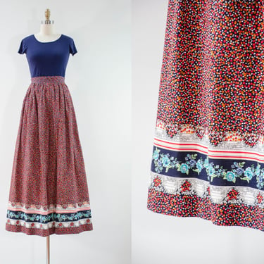 cute cottagecore skirt | 60s 70s vintage Ann Fogarty red calico floral boho prairie long red cotton maxi skirt 