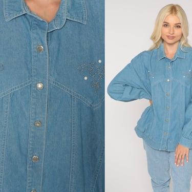 Studded Denim Shirt 90s Embellished Blue Jean Shirt Southwestern Button Up Top Western Top Vintage 1990s Long Sleeve Blouse Southwest Large 