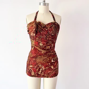 DAMAGED 1950s Swimsuit / 50s Gathered Waist Large Swimsuit / Vintage Boyshorts Maillot Swimwear -- For Pattern or Reproduction 