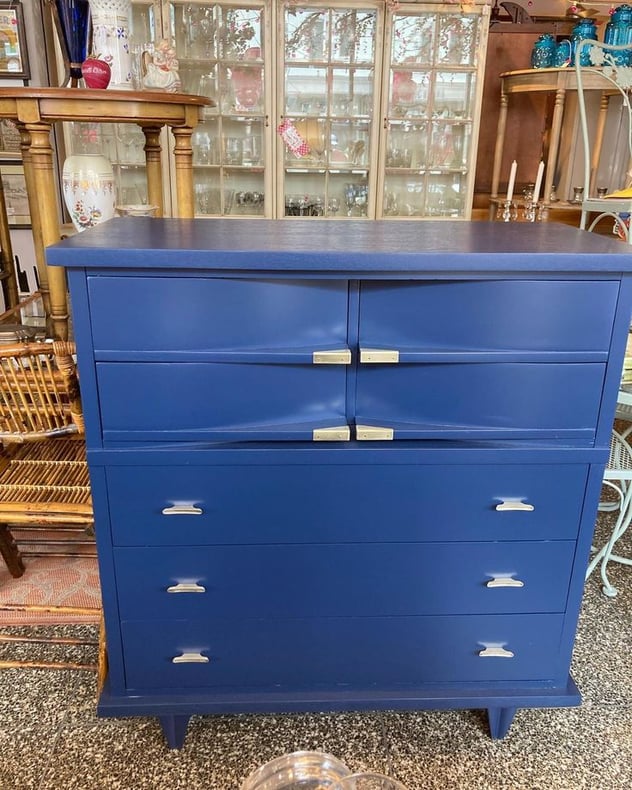 Sexy and sleek blue painted mid century chest of drawers 41.5” x 19.5” x 45” Call 202-232-8171 to purchase