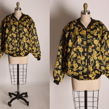 1980s Black and Yellow Gold Novelty Coin Long Sleeve Zip Up Front Puffy Jacket by Braetan -M 