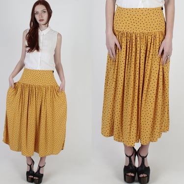 Vintage 80s Valentino Skirt Yellow Black Polka Dot Silk High Waist Pockets Maxi 