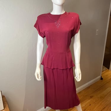 Climbing to the Top - Vintage 1940s Berry Burgundy Rayon Crepe Beaded Cocktail Dress - 10/12 