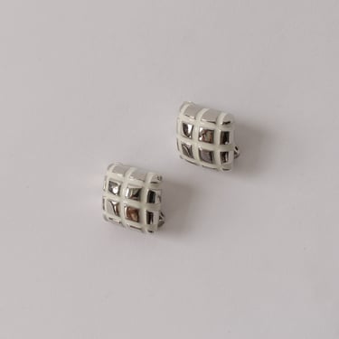 Vintage Silver Checked Clip On Earrings
