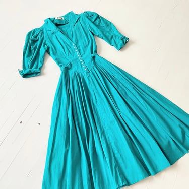 1980s Teal Blue Striped Prairie Dress 