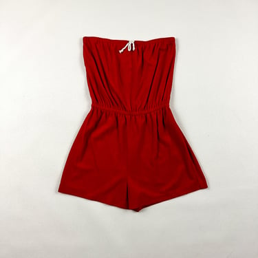 1970s 1980s Red Terrycloth Romper / Hot Shorts / One Peice / Onesie / Beach / Disco / Apple Red / Medium / Toweling / Towel / Beach Babe / M 