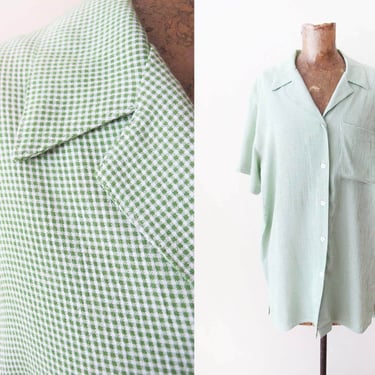 Vintage 90s Green Gingham Collared Shirt L - 1990s Jones New York Tiny Plaid Preppy  Short Sleeve Rayon Button Up Top 