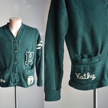 Green 1970s Varsity Cardigan Sweater / Vintage High School Cardigan / Kathy's Vintage Cardigan / Chain stitched Cardigan 