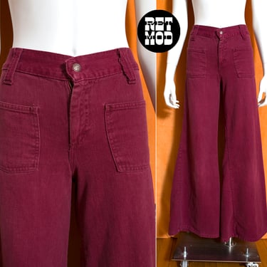 Cool Vintage 70s Maroon Wide Leg Jeans Pants with Pockets 