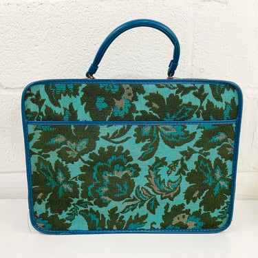 Vintage Blue Floral Tapestry Bag Travel Overnight Carry On Train Case Green Vinyl Luggage Travel Vacation 1960s 1950s 